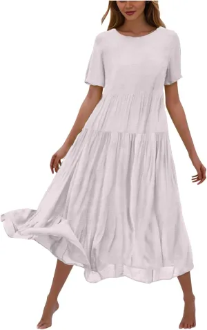2025 Summer Dresses for Women Fashion Short Sleeve Flowy Dress Plus Size Stretchy Waist Pure Crewneck Dress