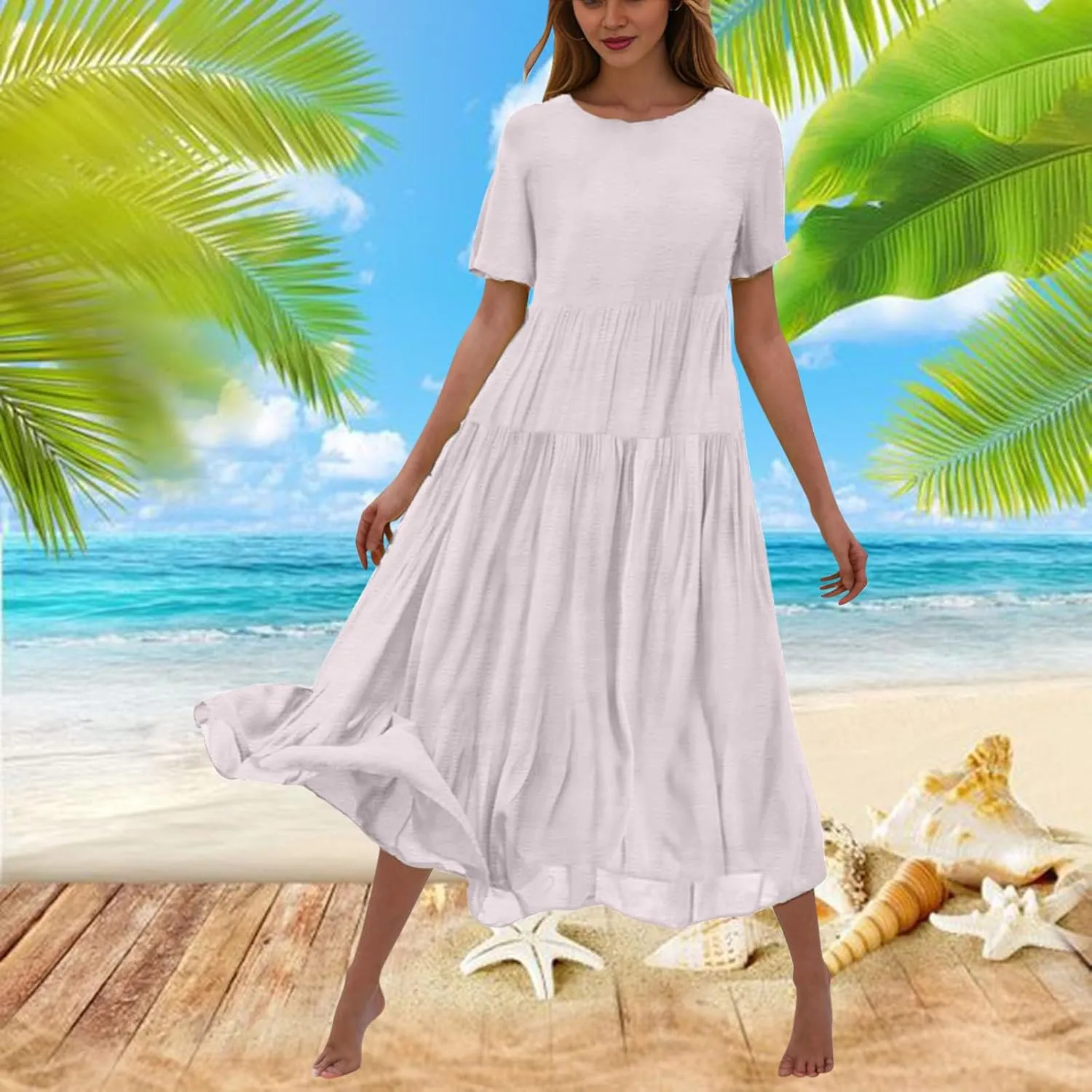 2025 Summer Dresses for Women Fashion Short Sleeve Flowy Dress Plus Size Stretchy Waist Pure Crewneck Dress