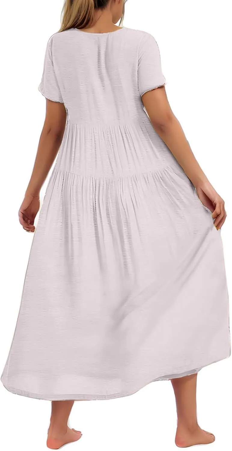 2025 Summer Dresses for Women Fashion Short Sleeve Flowy Dress Plus Size Stretchy Waist Pure Crewneck Dress