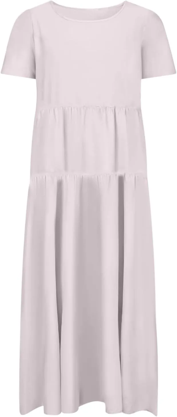 2025 Summer Dresses for Women Fashion Short Sleeve Flowy Dress Plus Size Stretchy Waist Pure Crewneck Dress