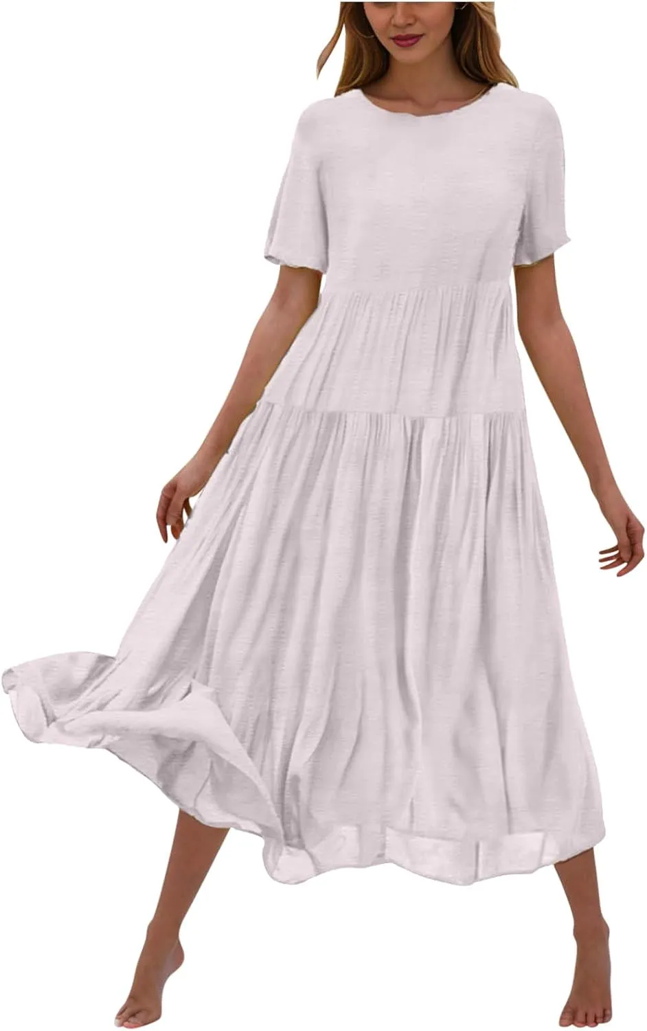 2025 Summer Dresses for Women Fashion Short Sleeve Flowy Dress Plus Size Stretchy Waist Pure Crewneck Dress