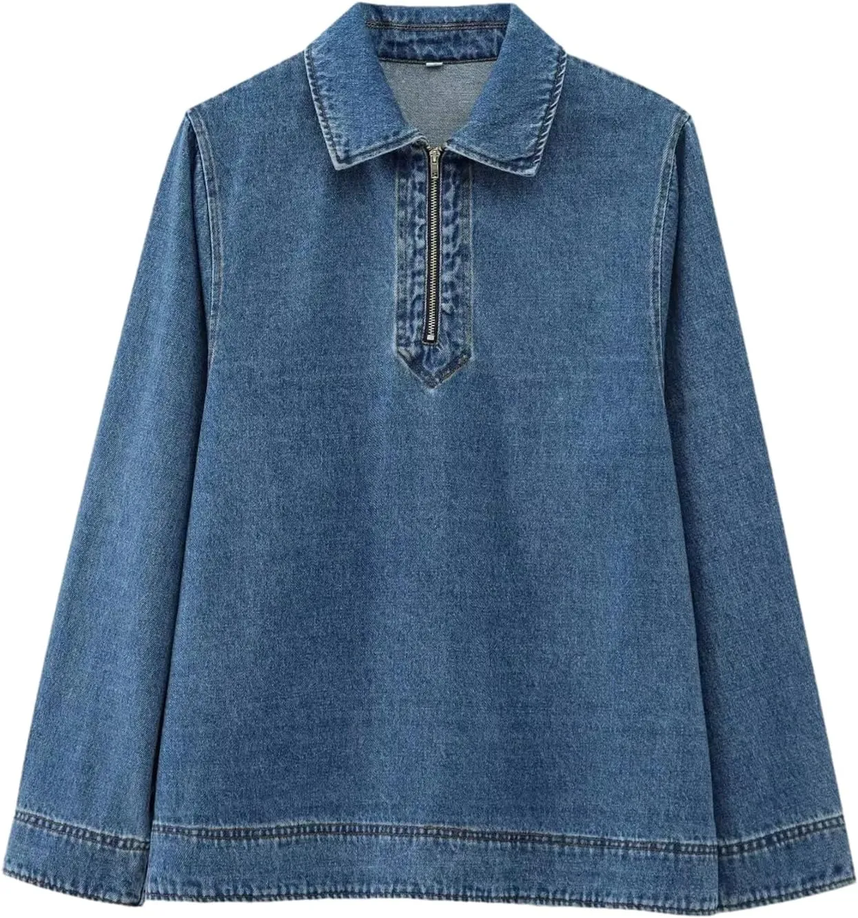 2025 Womens Fashion Turn Down Collar Front Zipper Fly Casual Denim Shirts Solid High Street Jeans Smock Blouses