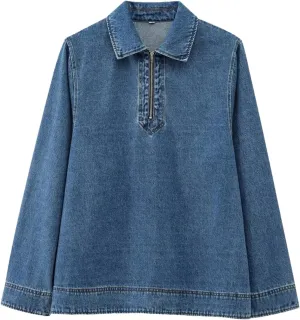 2025 Womens Fashion Turn Down Collar Front Zipper Fly Casual Denim Shirts Solid High Street Jeans Smock Blouses