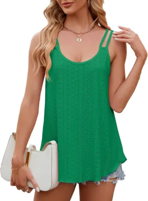 2025 Womens Tank Tops Eyelet Embroidery Sleeveless Camisole Summer Clothes Scoop Neck Flowy Shirts