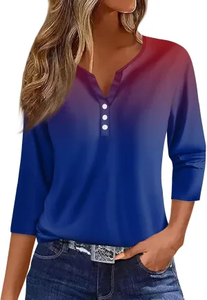 3/4 Sleeve T Shirts for Women Printed Button Down Tshirt V Neck Casual Loose Tunic Tops Dressy Summer Shirts