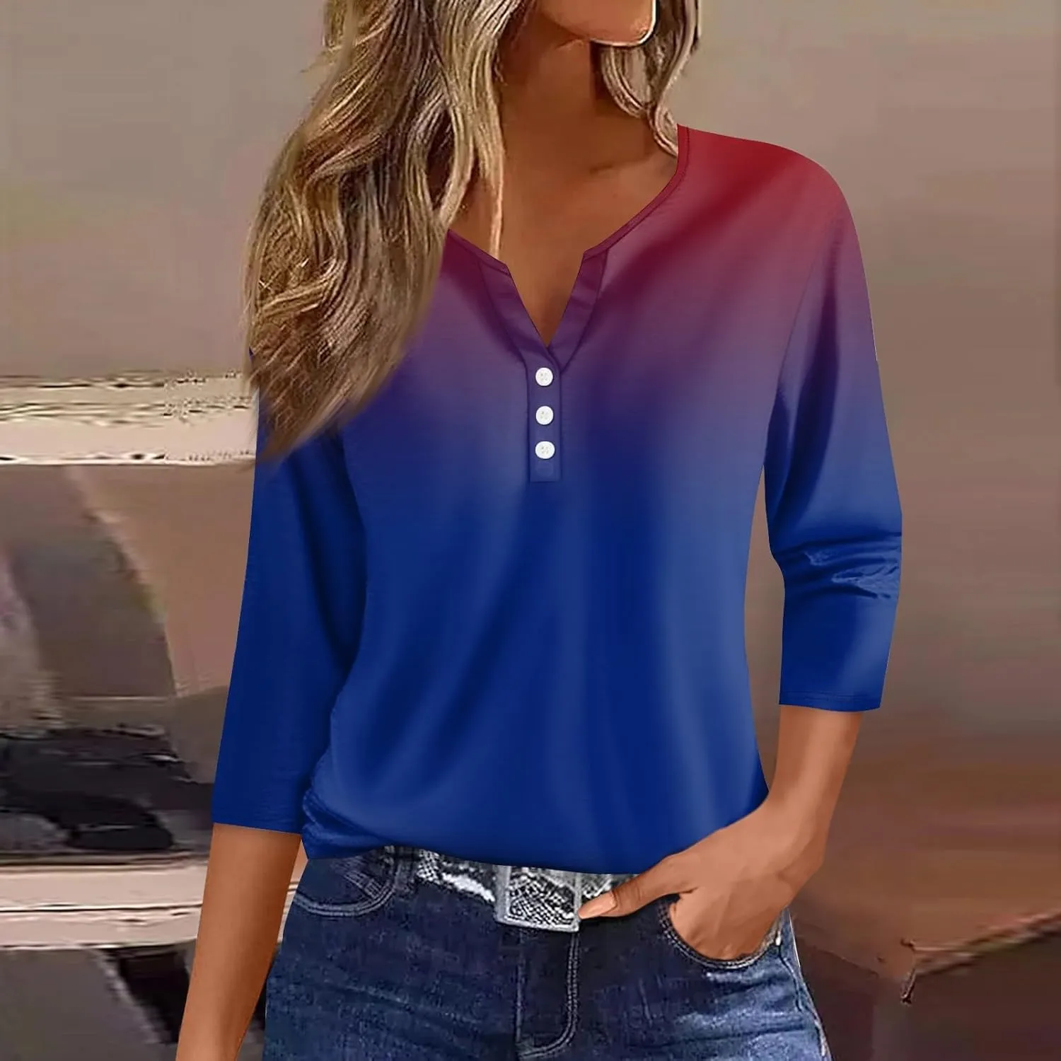 3/4 Sleeve T Shirts for Women Printed Button Down Tshirt V Neck Casual Loose Tunic Tops Dressy Summer Shirts