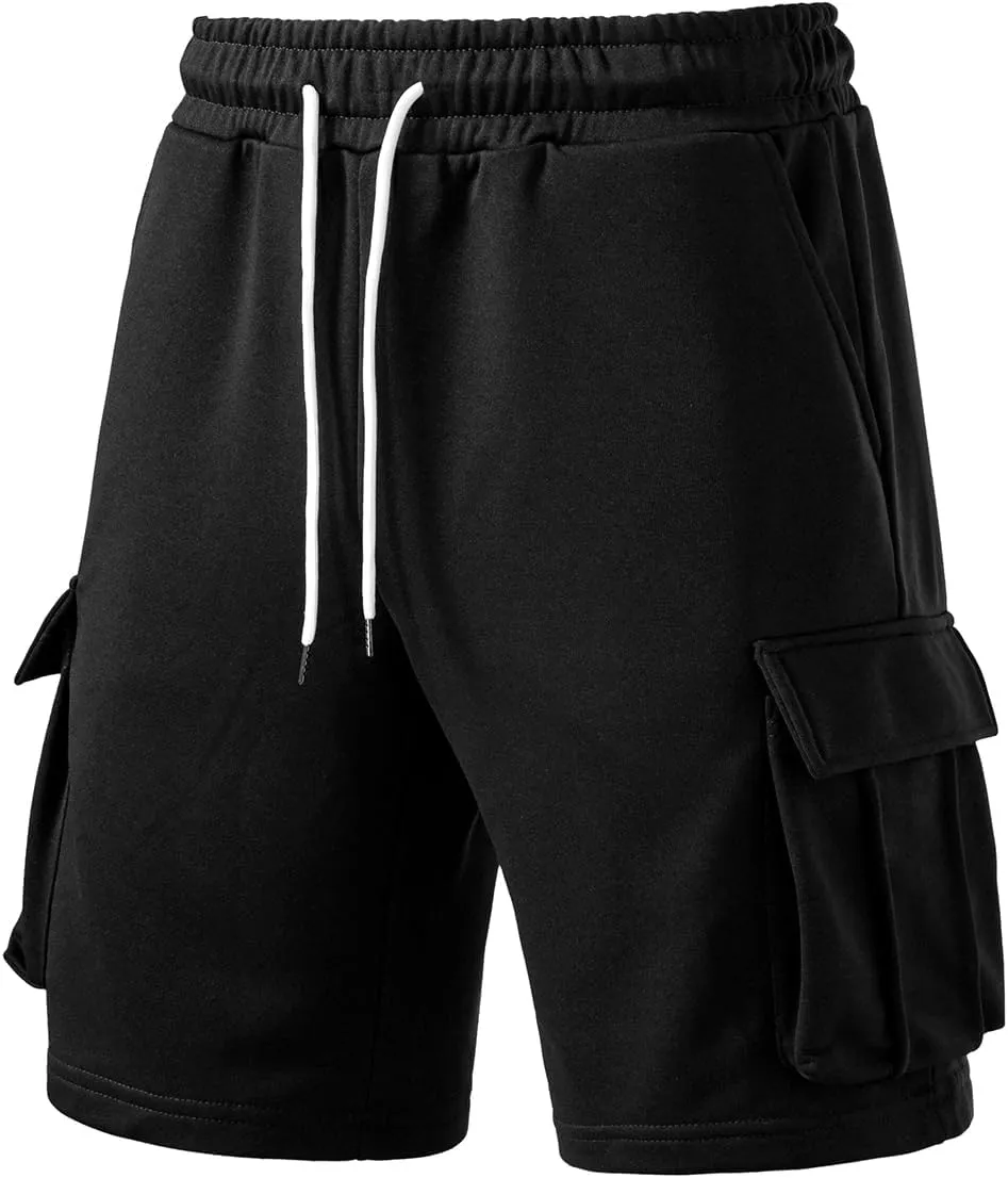 A WATERWANG Men's Cargo Sweat Shorts Casual Drawstring Elastic Waist Athletic Workout Gym Jogger Shorts with 5 Pockets