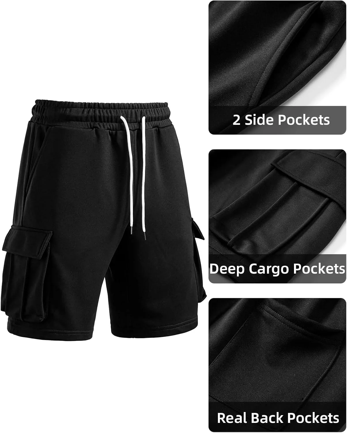 A WATERWANG Men's Cargo Sweat Shorts Casual Drawstring Elastic Waist Athletic Workout Gym Jogger Shorts with 5 Pockets