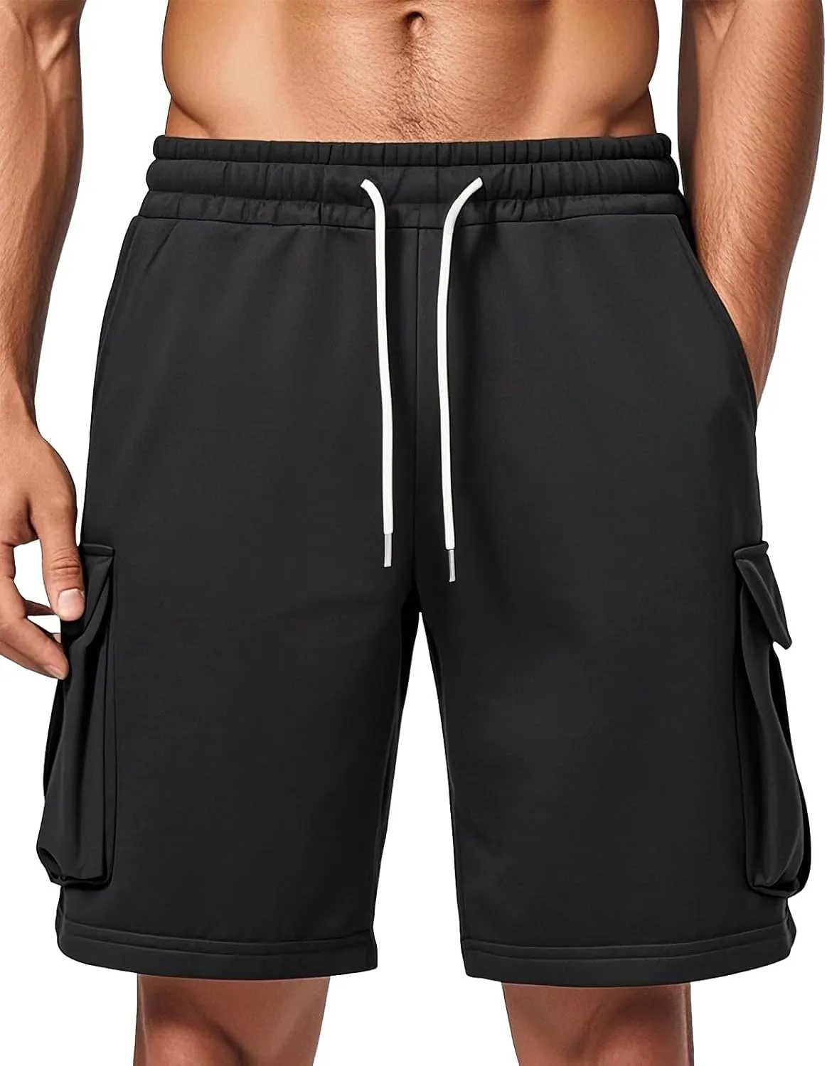 A WATERWANG Men's Cargo Sweat Shorts Casual Drawstring Elastic Waist Athletic Workout Gym Jogger Shorts with 5 Pockets