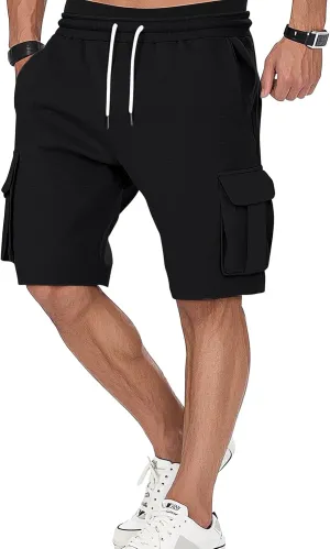 A WATERWANG Men's Cargo Sweat Shorts Casual Drawstring Elastic Waist Athletic Workout Gym Jogger Shorts with 5 Pockets