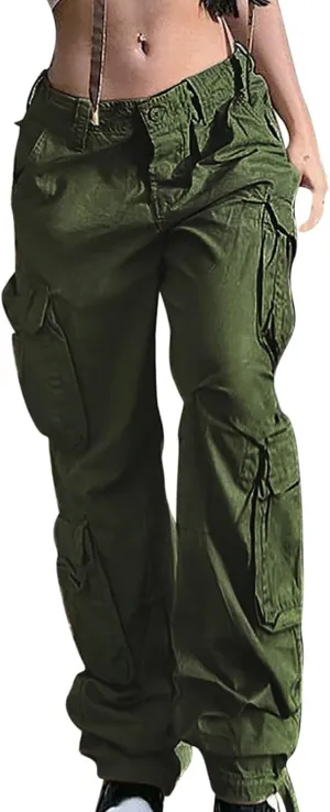Anjikang Parachute Cargo Pants for Women Y2K Teen Girls Trendy Low Waist Wide Leg Cargos Multi Pockets Travel Hiking Trousers