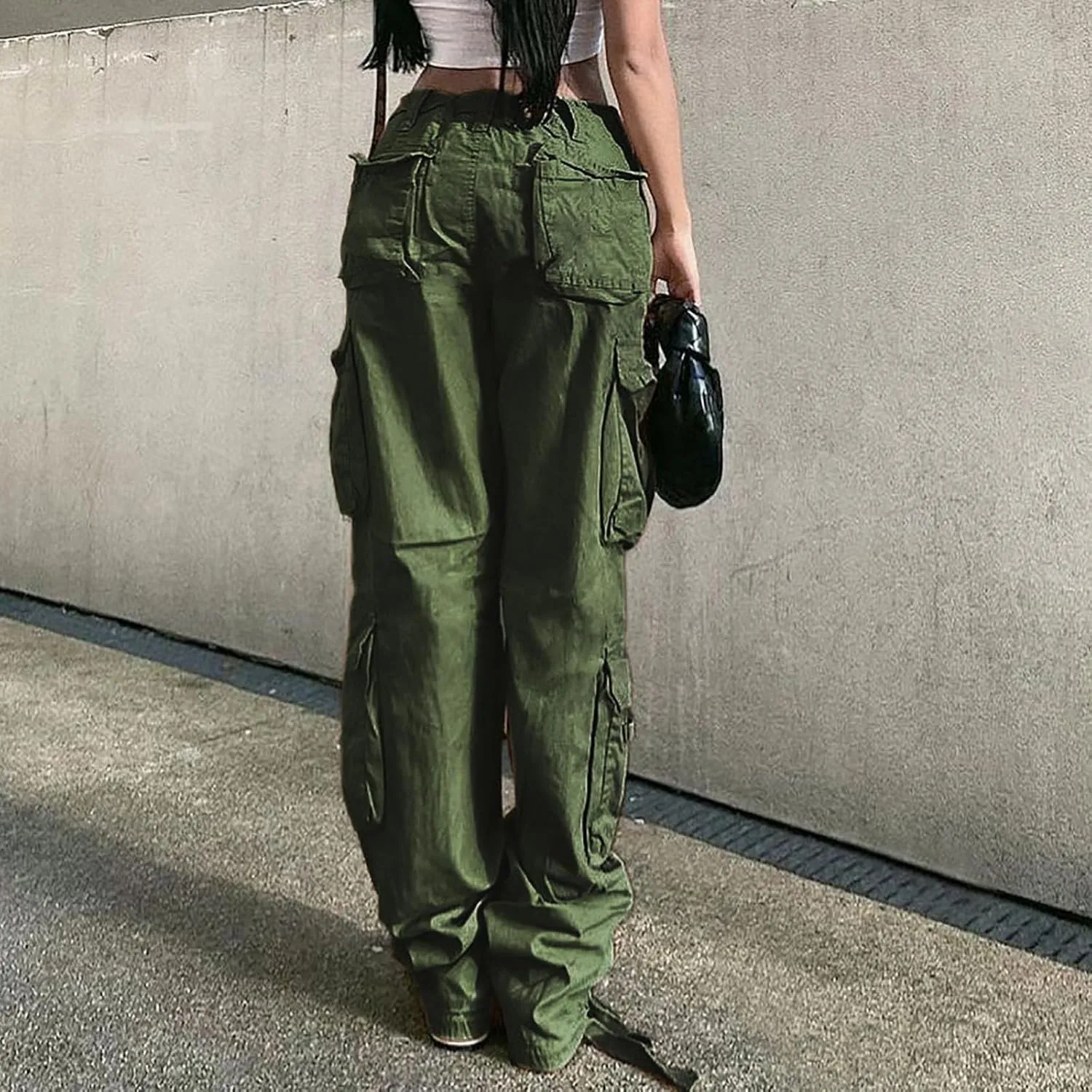 Anjikang Parachute Cargo Pants for Women Y2K Teen Girls Trendy Low Waist Wide Leg Cargos Multi Pockets Travel Hiking Trousers