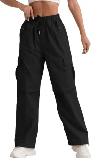 Baggy Cargo Pants Women Drawstring Elastic Waist Water Resistant Hiking Pants Lightweight Travel Pants with Pockets