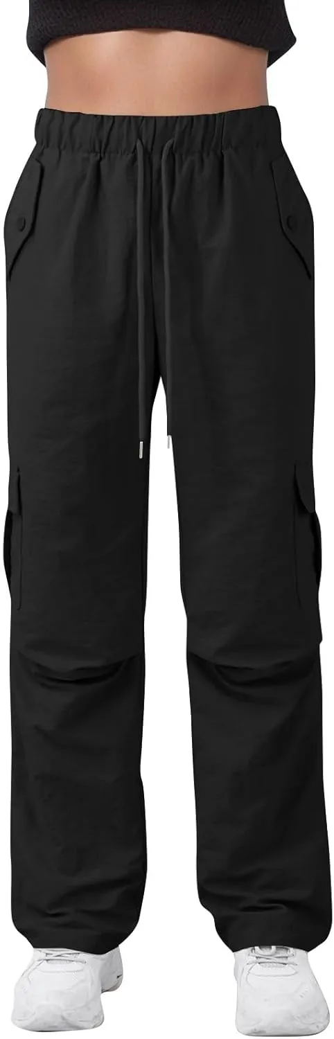 Baggy Cargo Pants Women Drawstring Elastic Waist Water Resistant Hiking Pants Lightweight Travel Pants with Pockets