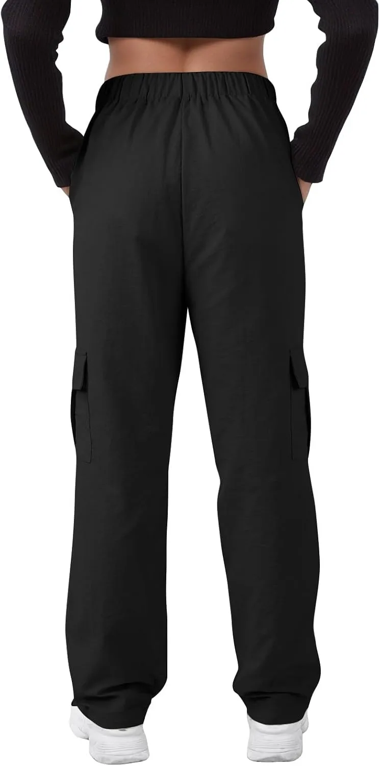 Baggy Cargo Pants Women Drawstring Elastic Waist Water Resistant Hiking Pants Lightweight Travel Pants with Pockets
