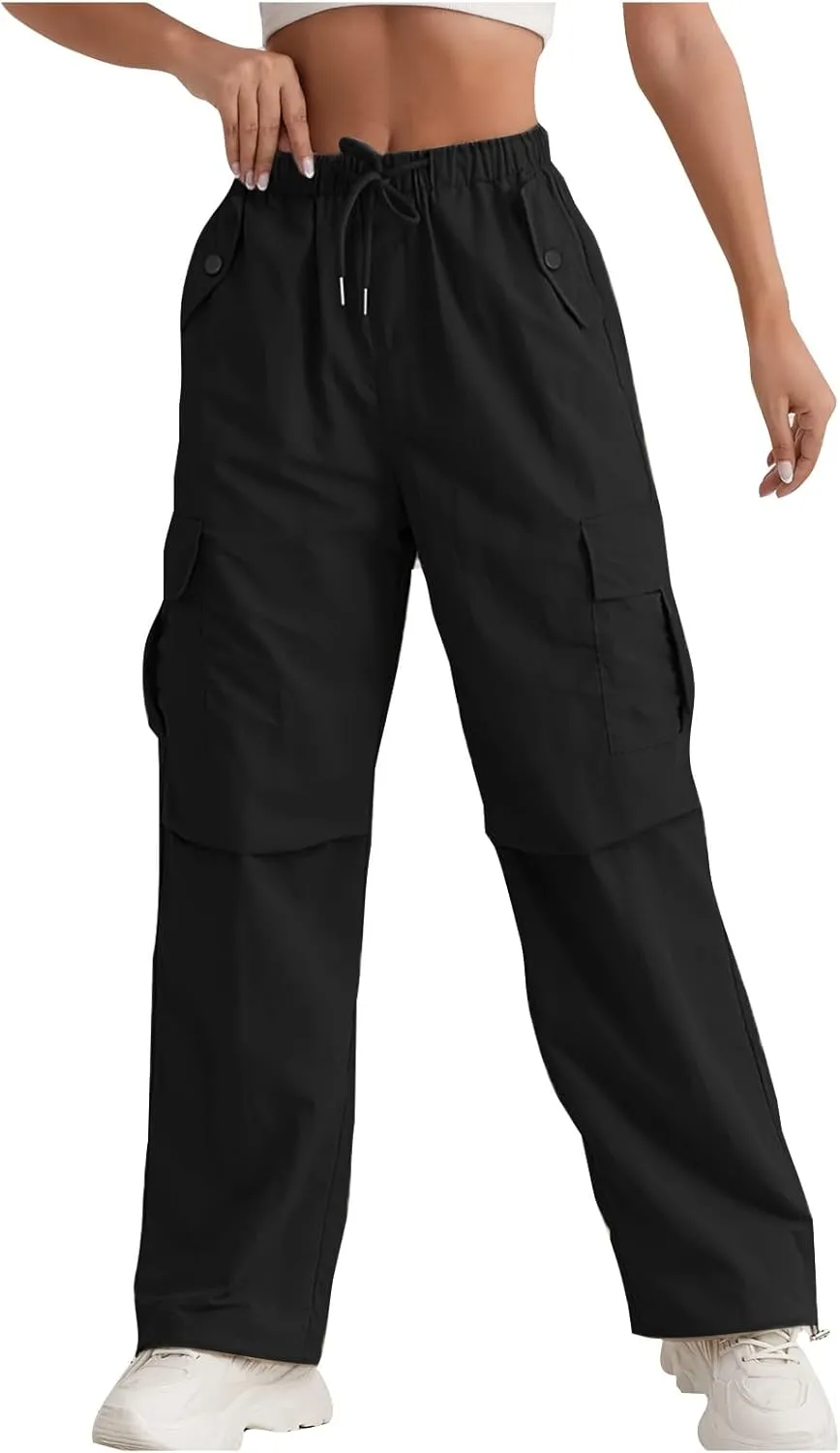 Baggy Cargo Pants Women Drawstring Elastic Waist Water Resistant Hiking Pants Lightweight Travel Pants with Pockets