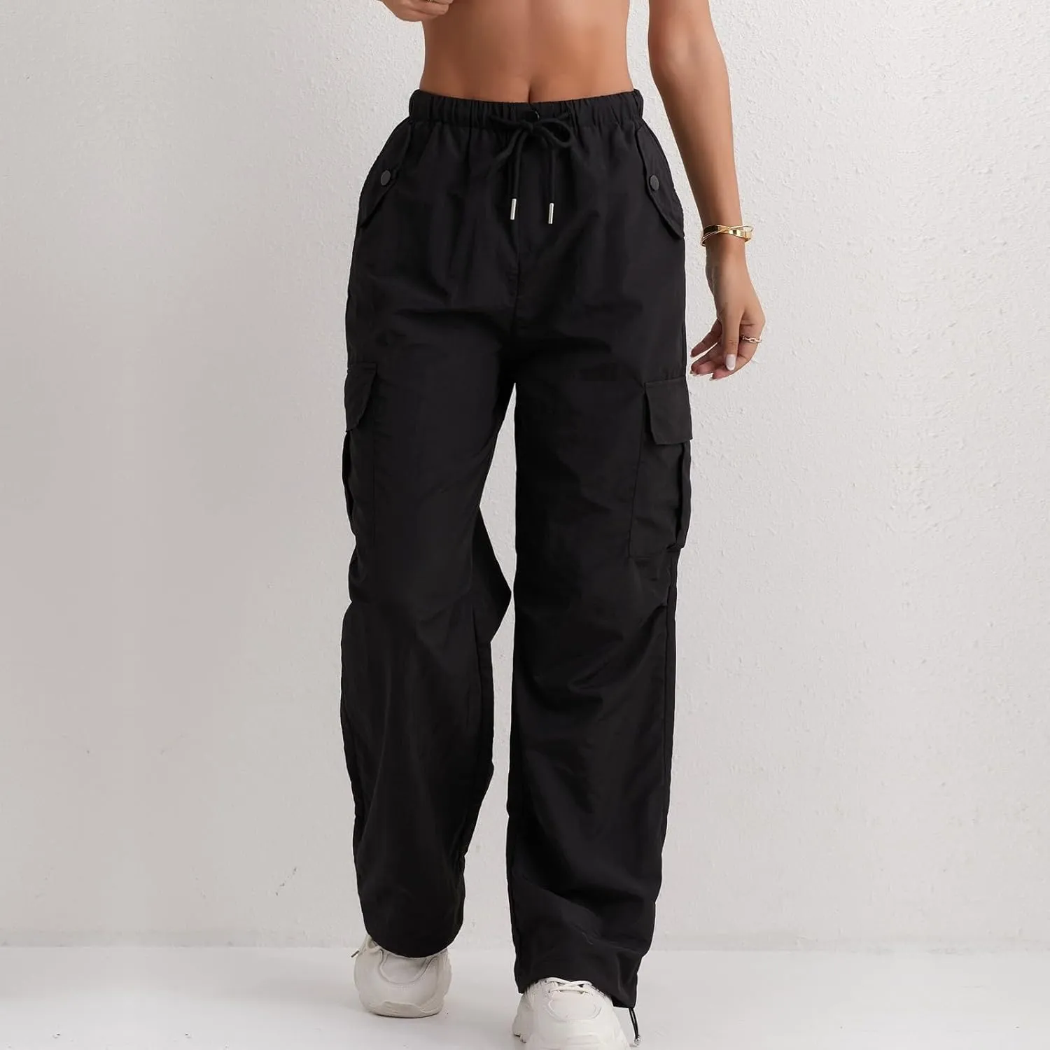 Baggy Cargo Pants Women Drawstring Elastic Waist Water Resistant Hiking Pants Lightweight Travel Pants with Pockets