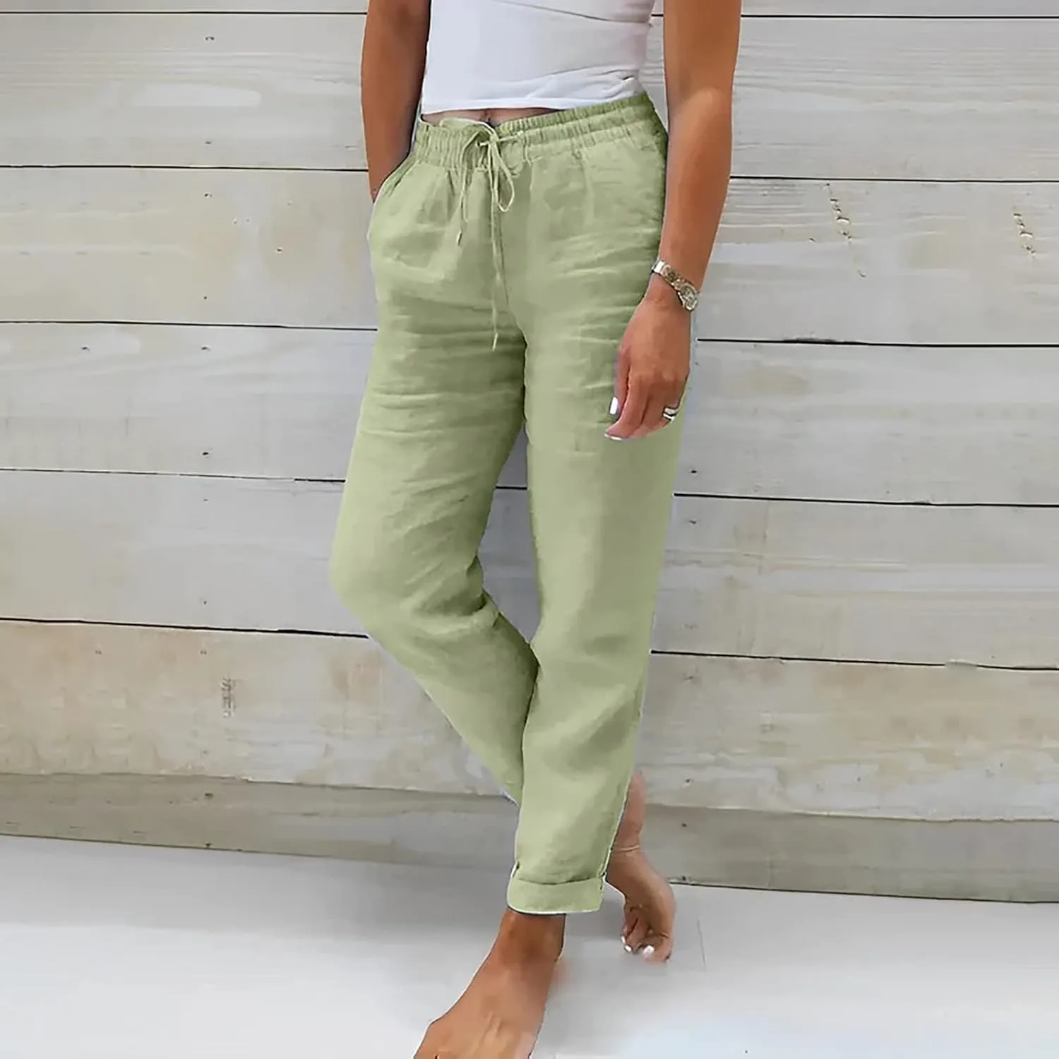 Baggy Linen Pants Women Summer Boho Lightweight High Waist Palazzo Pants Loose Comfy Straight Leg Pants with Pockets