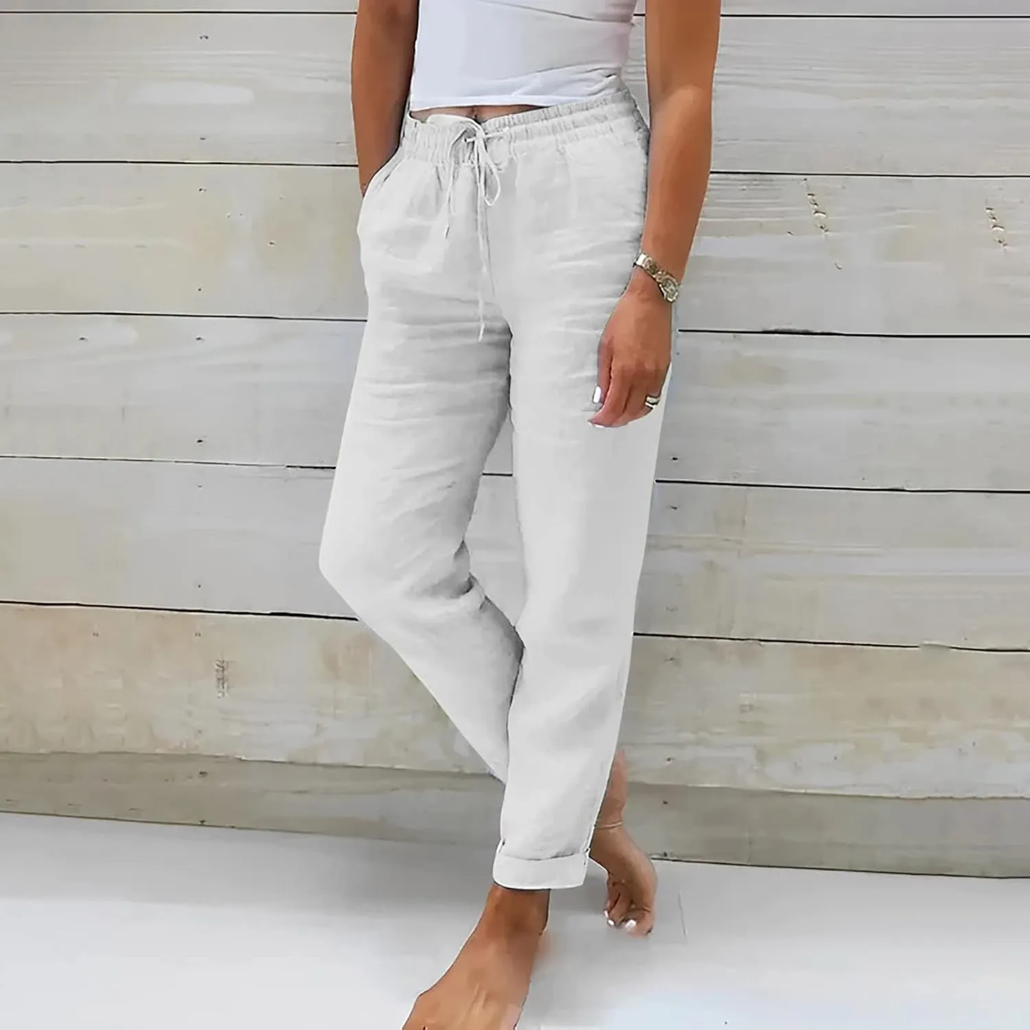 Baggy Linen Pants Women Summer Boho Lightweight High Waist Palazzo Pants Loose Comfy Straight Leg Pants with Pockets