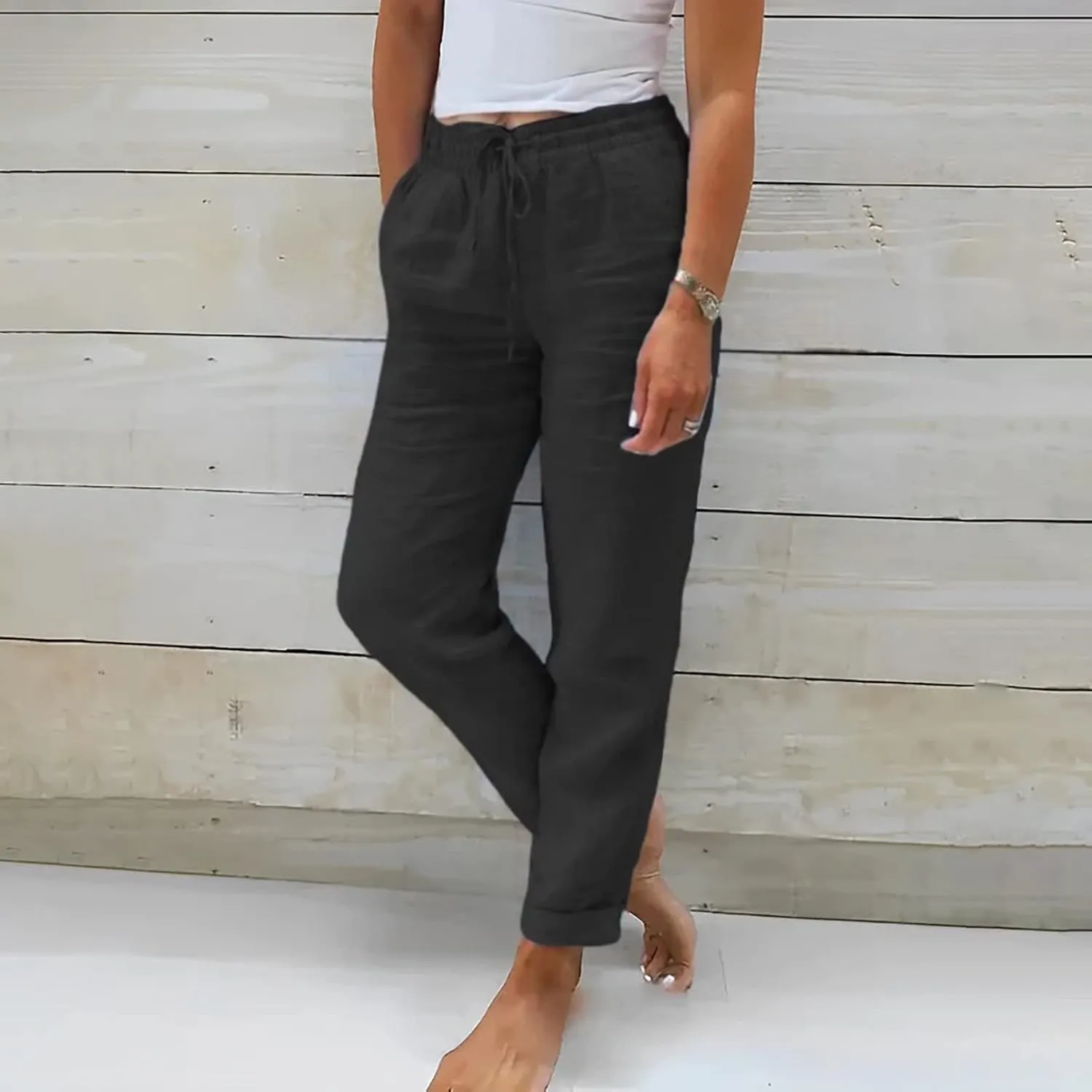 Baggy Linen Pants Women Summer Boho Lightweight High Waist Palazzo Pants Loose Comfy Straight Leg Pants with Pockets