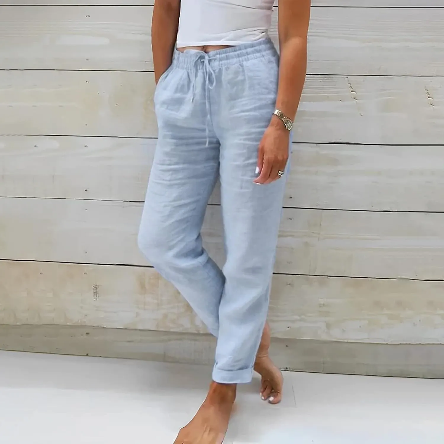Baggy Linen Pants Women Summer Boho Lightweight High Waist Palazzo Pants Loose Comfy Straight Leg Pants with Pockets