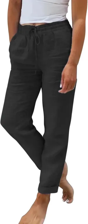 Baggy Linen Pants Women Summer Boho Lightweight High Waist Palazzo Pants Loose Comfy Straight Leg Pants with Pockets