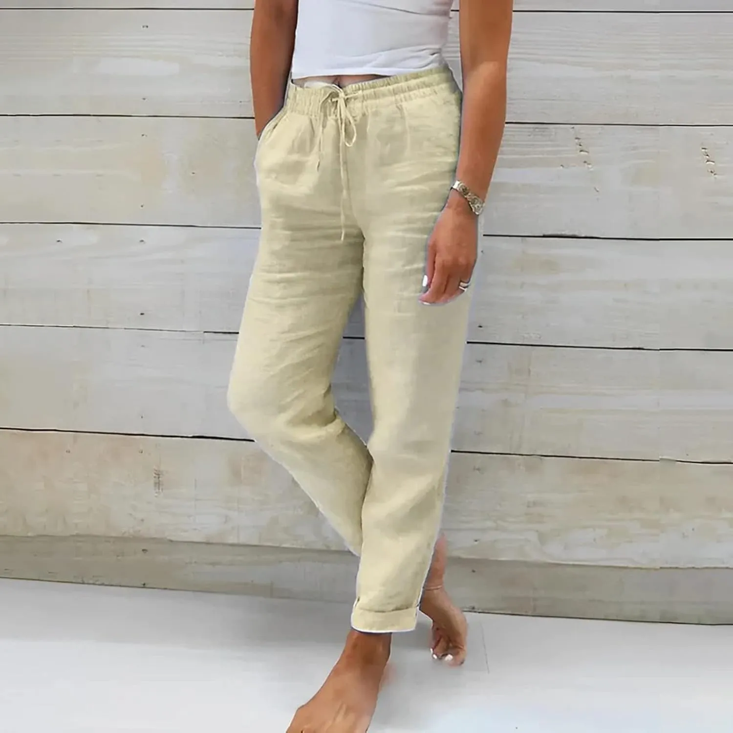 Baggy Linen Pants Women Summer Boho Lightweight High Waist Palazzo Pants Loose Comfy Straight Leg Pants with Pockets