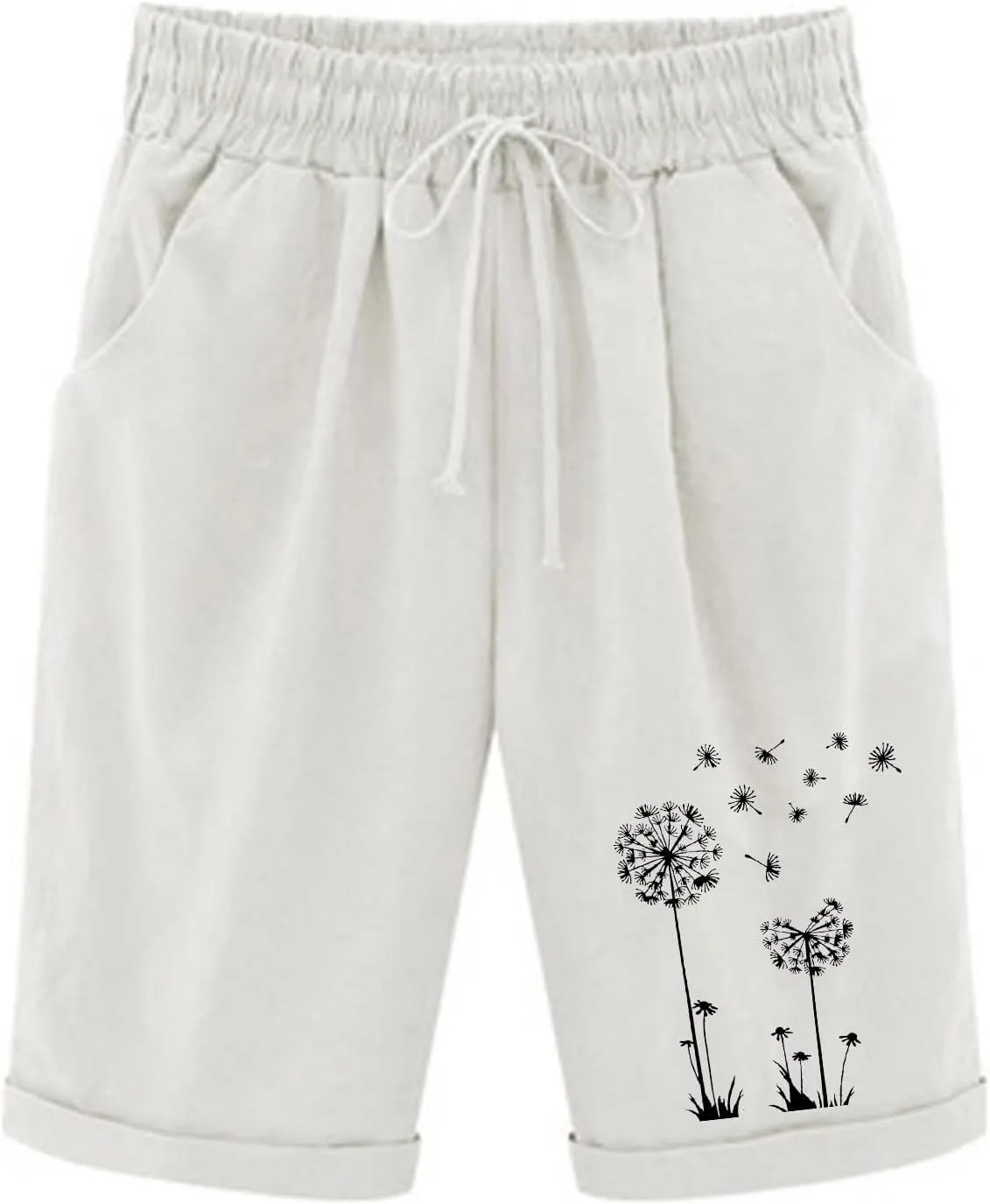 Bermuda Shorts for Women High Waisted Cotton Linen Elastic Drawstring Summer Shorts Casual Loose Fit Dandelion Print