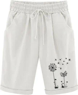 Bermuda Shorts for Women High Waisted Cotton Linen Elastic Drawstring Summer Shorts Casual Loose Fit Dandelion Print