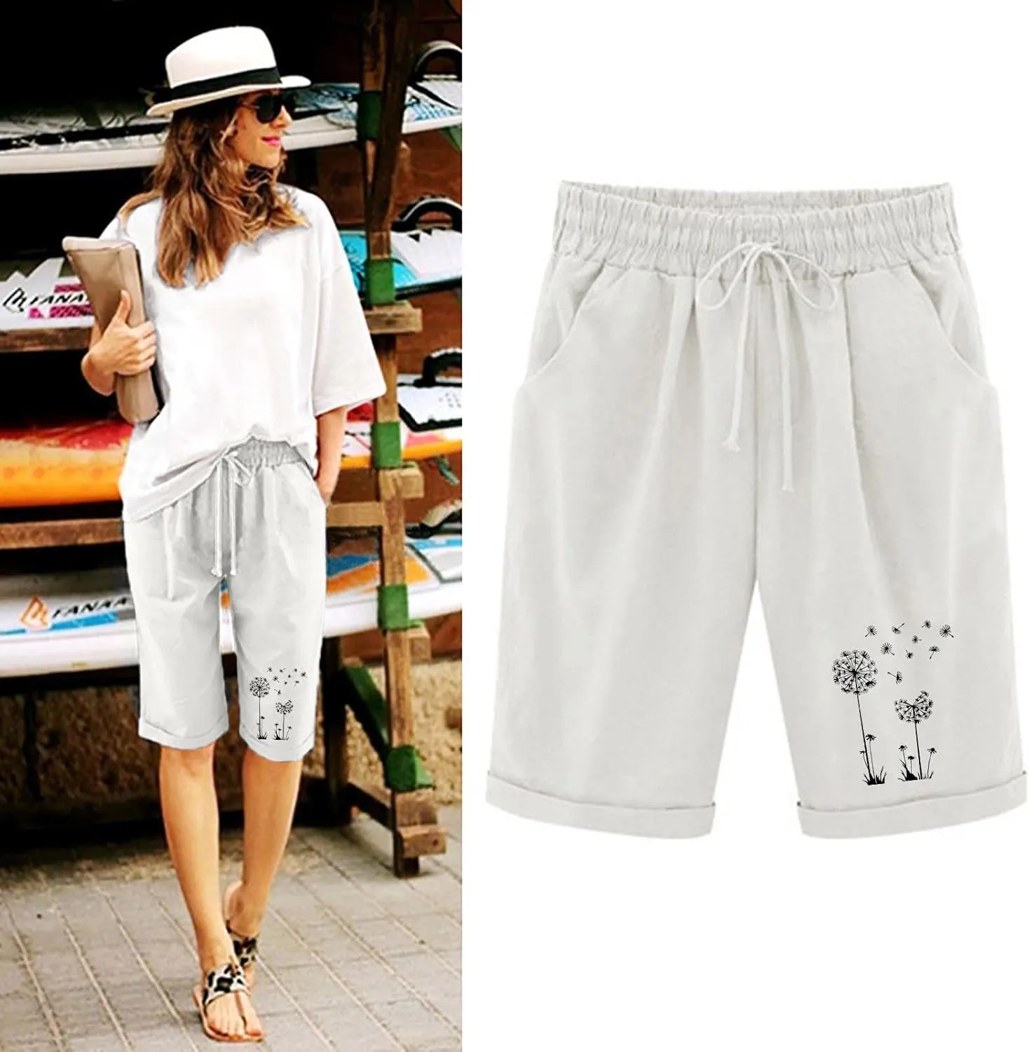 Bermuda Shorts for Women High Waisted Cotton Linen Elastic Drawstring Summer Shorts Casual Loose Fit Dandelion Print
