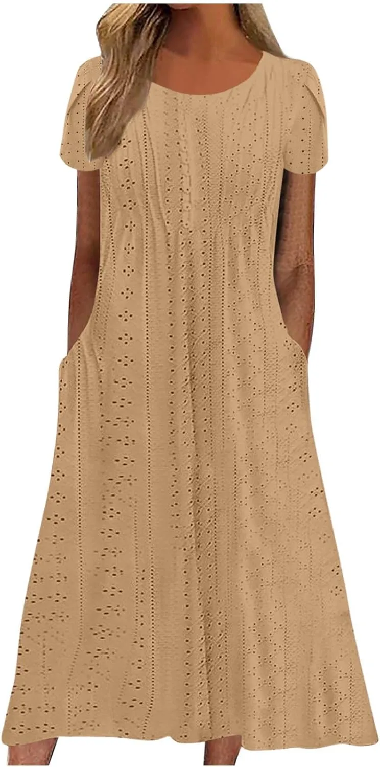 Boho Maxi Dress for Women Ruffle Casual Short Sleeve Comfy Eyelet Dresses Summer Sundresses with Pockets 2025 New