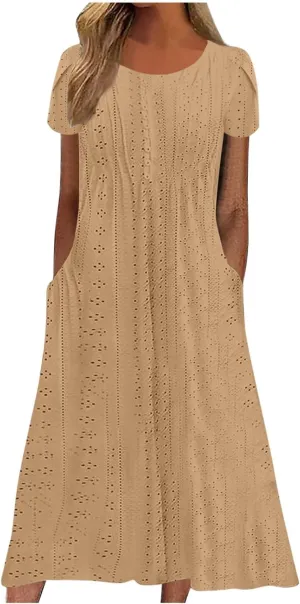 Boho Maxi Dress for Women Ruffle Casual Short Sleeve Comfy Eyelet Dresses Summer Sundresses with Pockets 2025 New