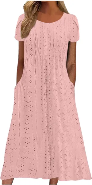 Boho Maxi Dress for Women Ruffle Casual Short Sleeve Comfy Eyelet Dresses Summer Sundresses with Pockets 2025 New