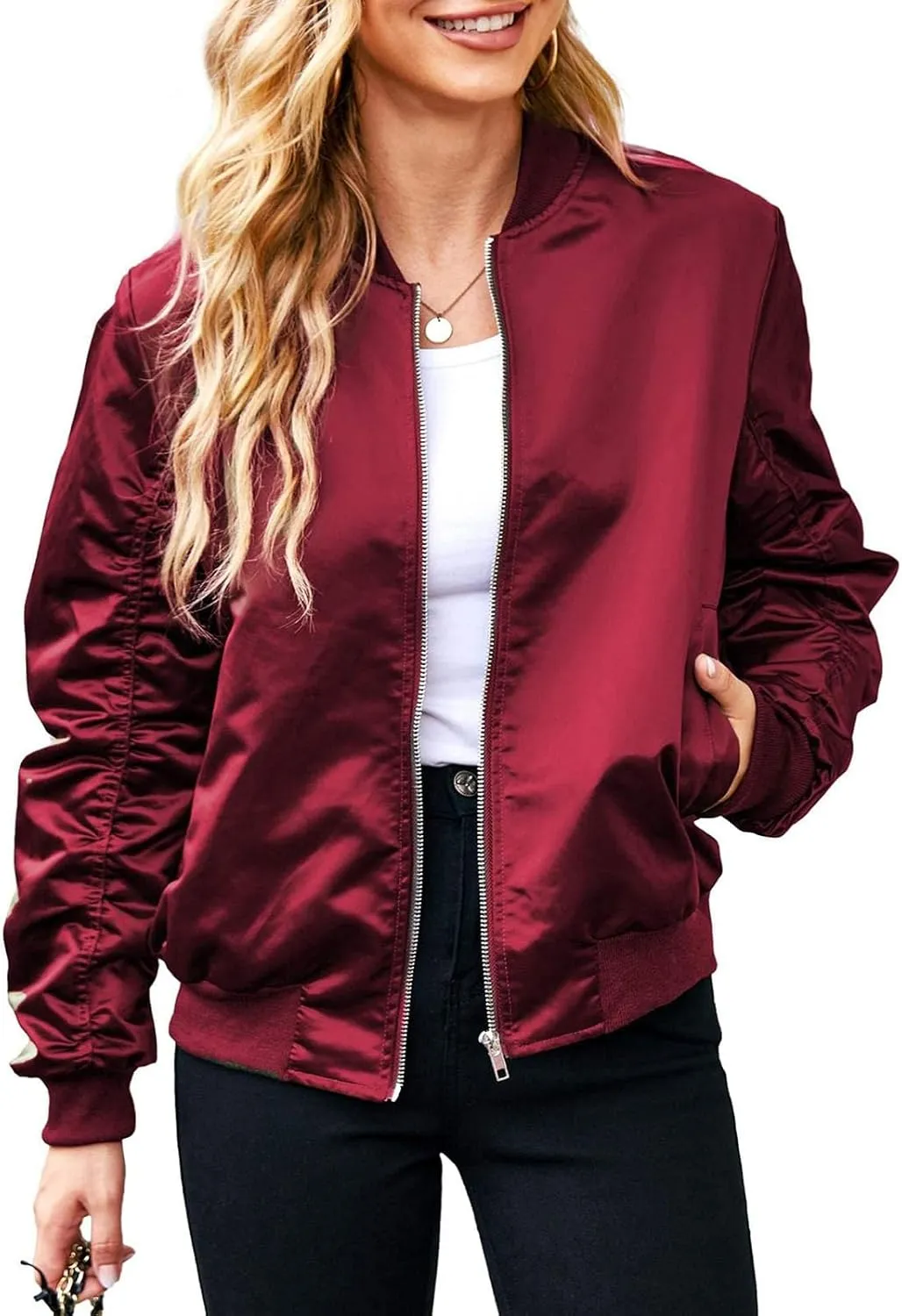Bomber Jackets for Women Casual Lightweight Satin Zip Up Coat 2023 Fall Loose Fit Outerwear Windbreaker with Pockets