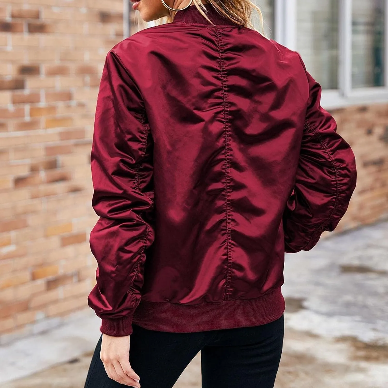 Bomber Jackets for Women Casual Lightweight Satin Zip Up Coat 2023 Fall Loose Fit Outerwear Windbreaker with Pockets