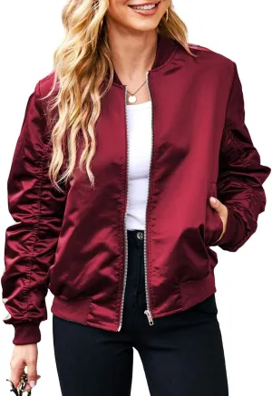 Bomber Jackets for Women Casual Lightweight Satin Zip Up Coat 2023 Fall Loose Fit Outerwear Windbreaker with Pockets