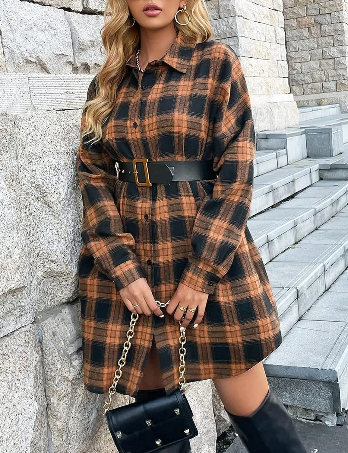 Bozanly Women's Oversized Button Down Long Plaid Flannel Shirts Lapel Long Sleeve Check Jacket Shacket