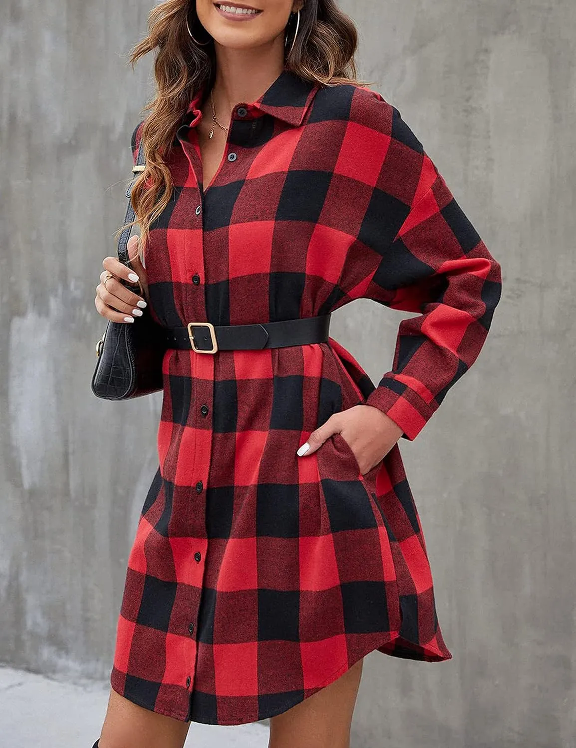 Bozanly Women's Oversized Button Down Long Plaid Flannel Shirts Lapel Long Sleeve Check Jacket Shacket