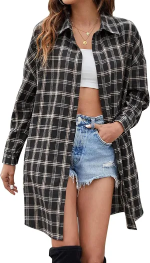 Bozanly Women's Oversized Button Down Long Plaid Flannel Shirts Lapel Long Sleeve Check Jacket Shacket