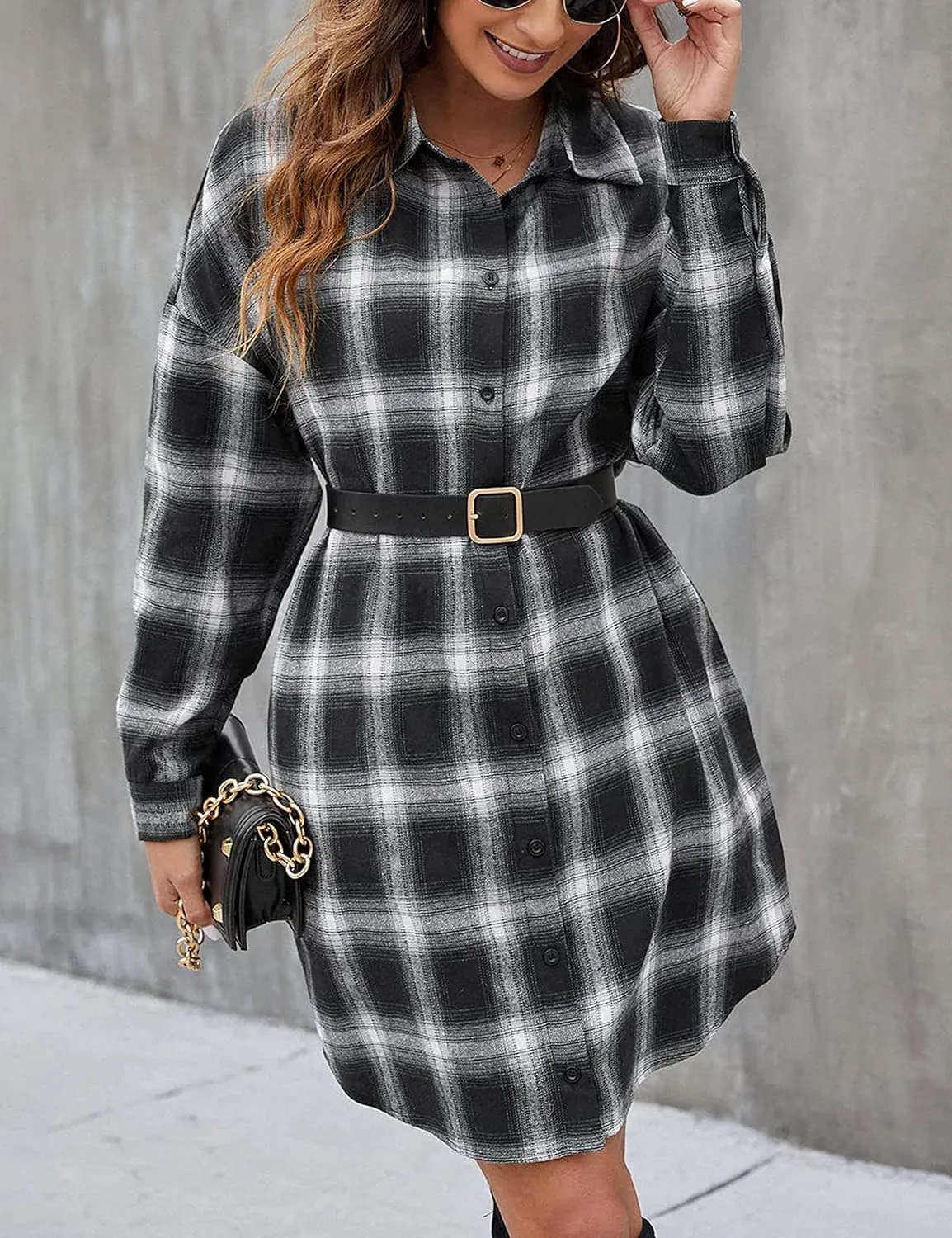 Bozanly Women's Oversized Button Down Long Plaid Flannel Shirts Lapel Long Sleeve Check Jacket Shacket