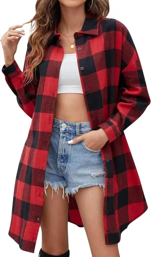 Bozanly Women's Oversized Button Down Long Plaid Flannel Shirts Lapel Long Sleeve Check Jacket Shacket