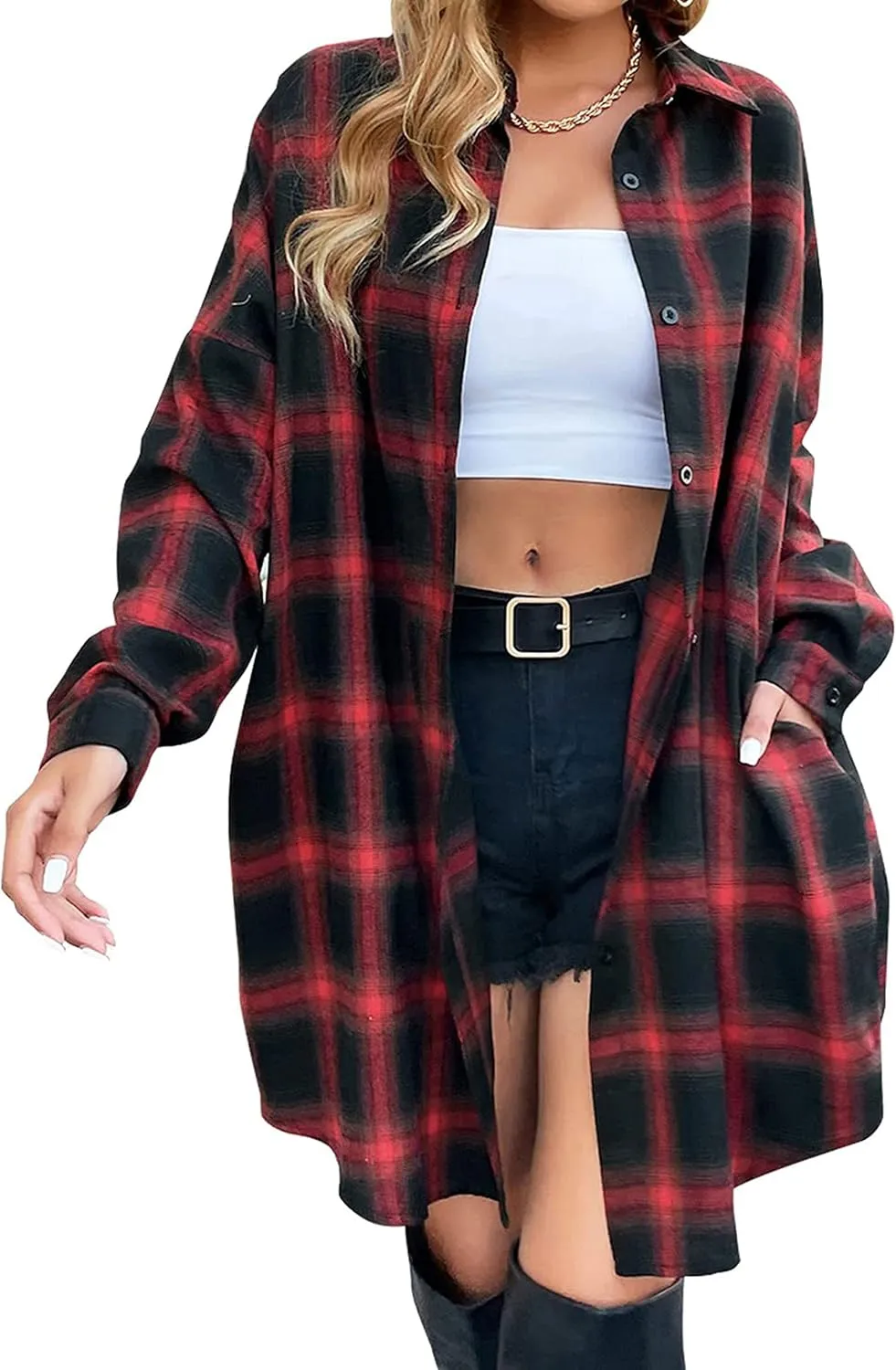 Bozanly Women's Oversized Button Down Long Plaid Flannel Shirts Lapel Long Sleeve Check Jacket Shacket