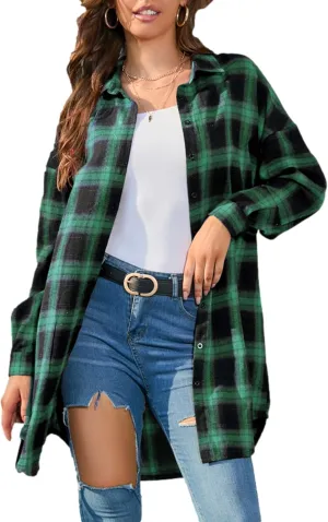 Bozanly Women's Oversized Button Down Long Plaid Flannel Shirts Lapel Long Sleeve Check Jacket Shacket