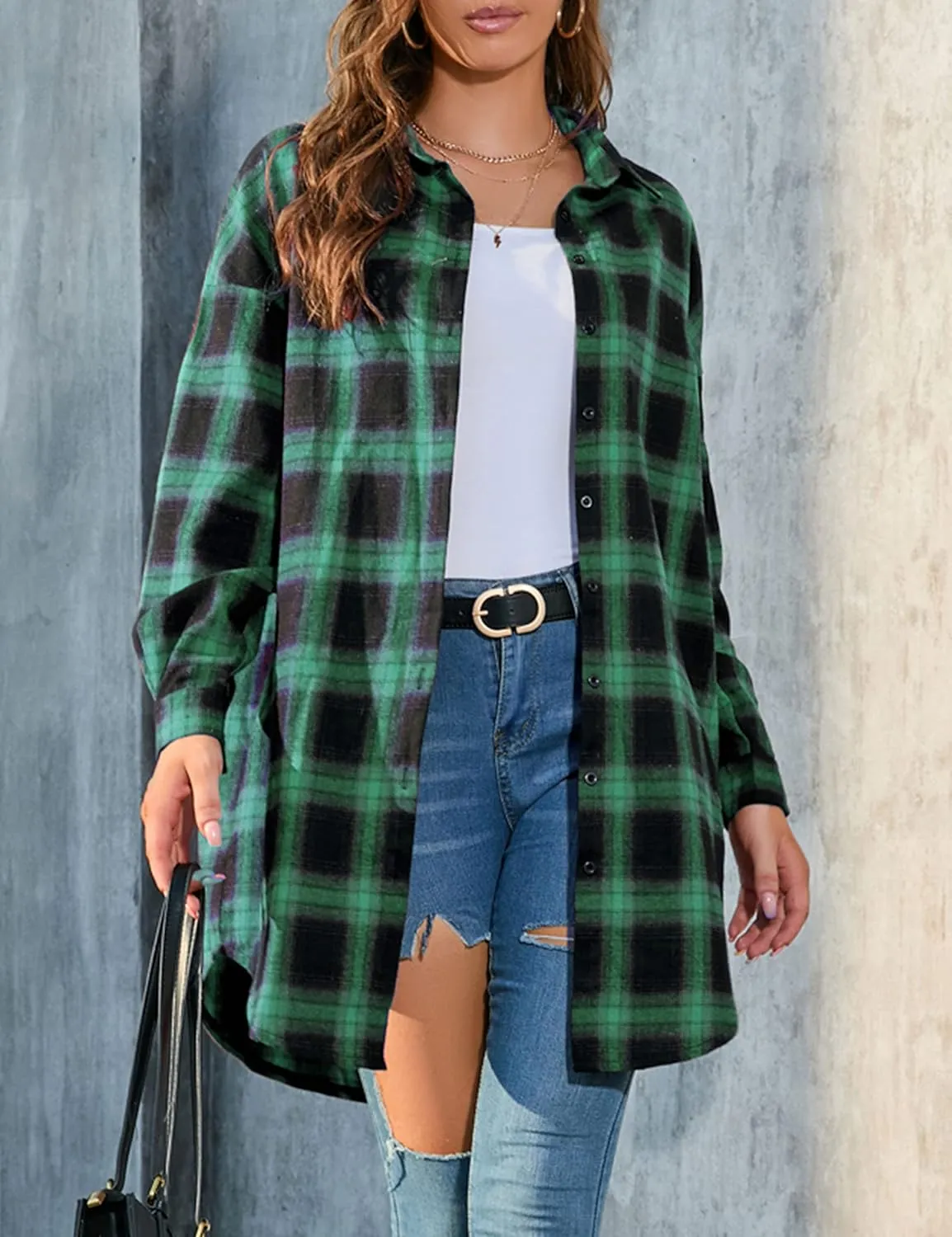 Bozanly Women's Oversized Button Down Long Plaid Flannel Shirts Lapel Long Sleeve Check Jacket Shacket
