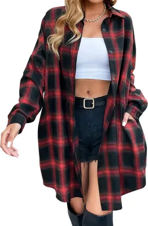 Bozanly Women's Oversized Button Down Long Plaid Flannel Shirts Lapel Long Sleeve Check Jacket Shacket