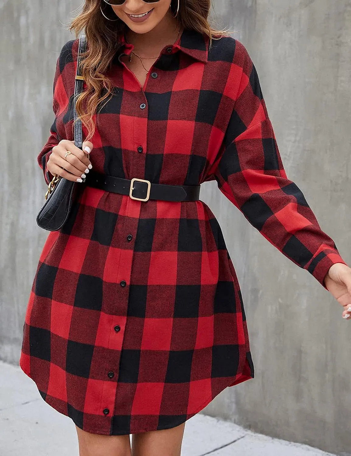 Bozanly Women's Oversized Button Down Long Plaid Flannel Shirts Lapel Long Sleeve Check Jacket Shacket