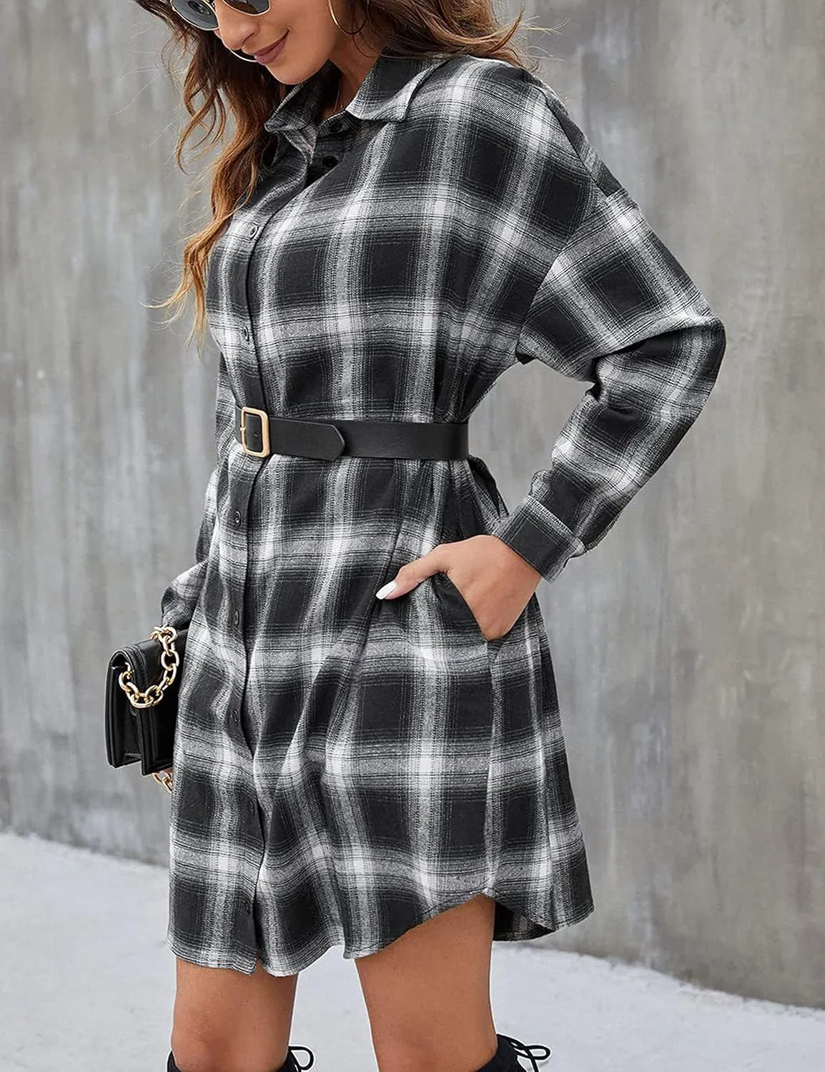 Bozanly Women's Oversized Button Down Long Plaid Flannel Shirts Lapel Long Sleeve Check Jacket Shacket