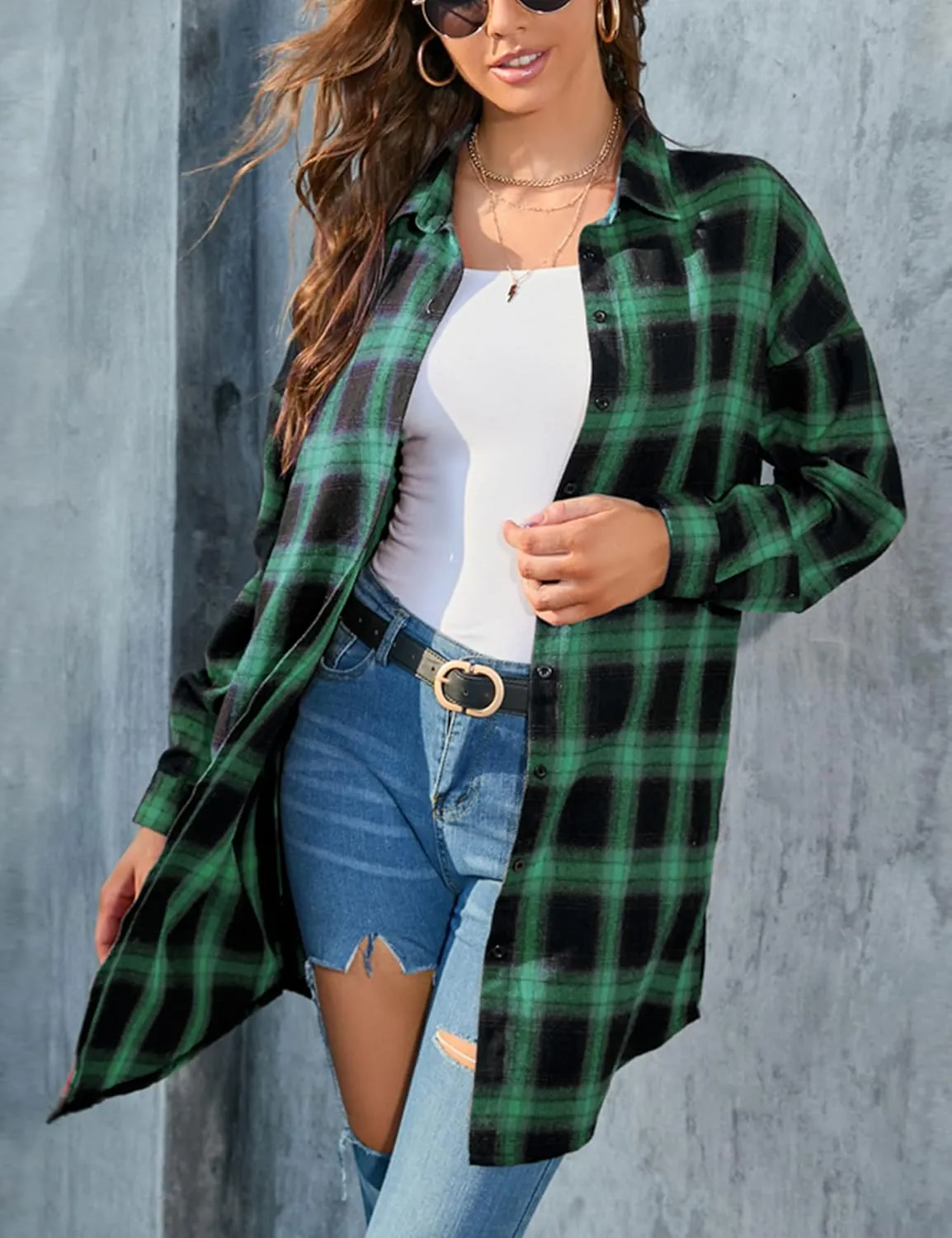 Bozanly Women's Oversized Button Down Long Plaid Flannel Shirts Lapel Long Sleeve Check Jacket Shacket