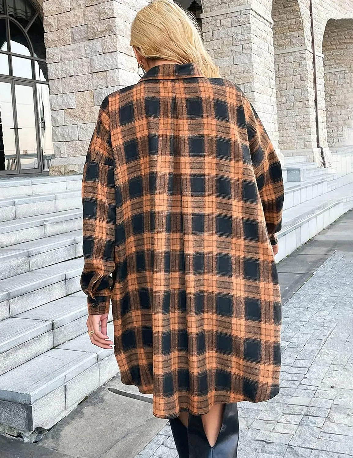 Bozanly Women's Oversized Button Down Long Plaid Flannel Shirts Lapel Long Sleeve Check Jacket Shacket