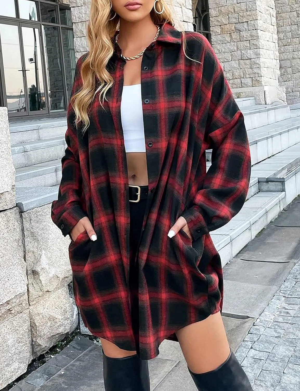 Bozanly Women's Oversized Button Down Long Plaid Flannel Shirts Lapel Long Sleeve Check Jacket Shacket